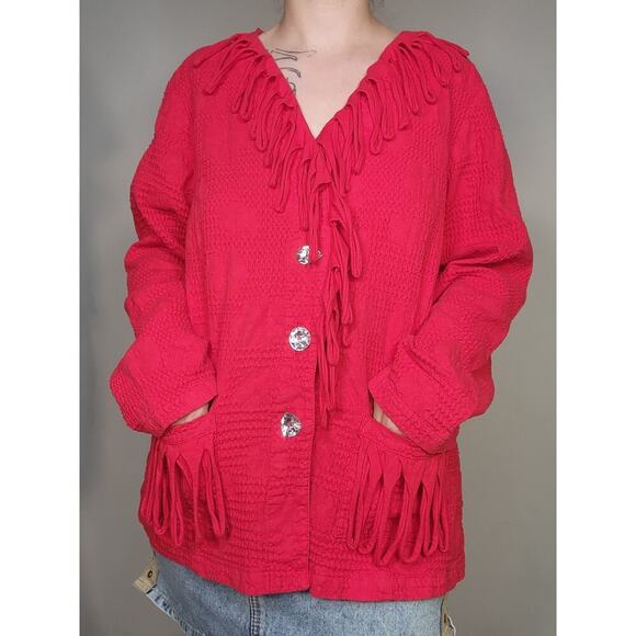 Vtg 80s 90s Nanette Keller Red Fringe Gem Button Up Funky Long Sleeve Top Sz Lg - Picture 4 of 9